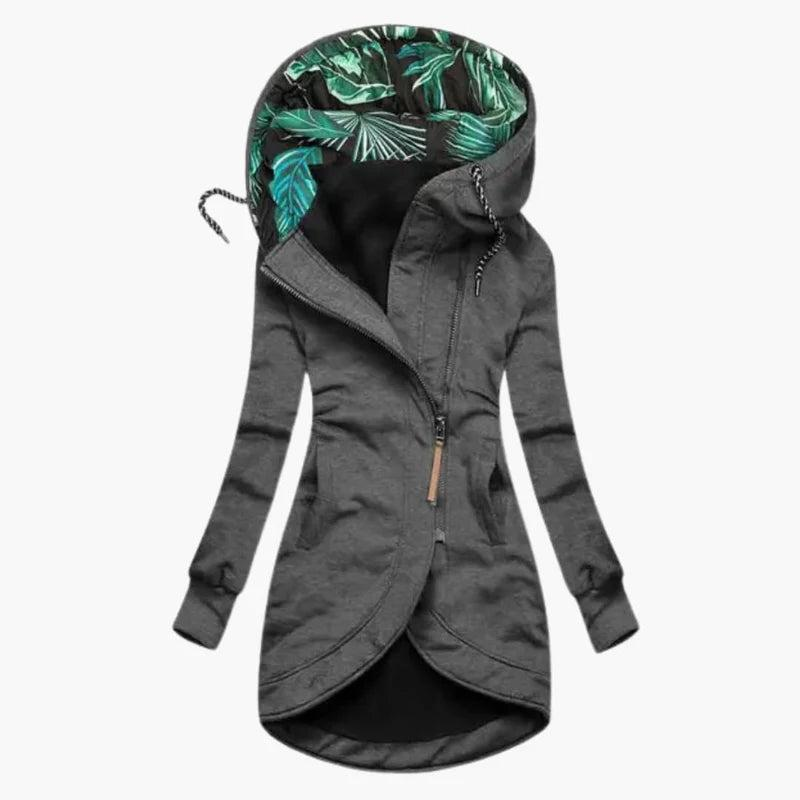 Women's long hooded jacket with asymmetric zip in grey