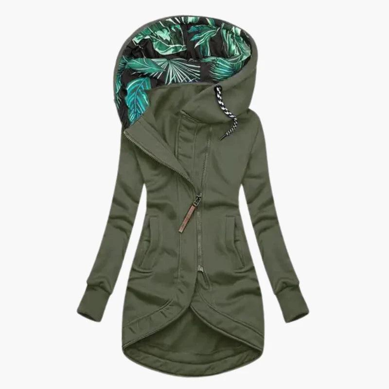 Women's long hooded jacket with asymmetric zip in green