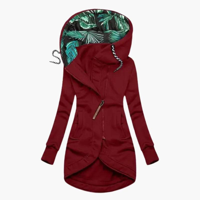 Women's long hooded jacket with asymmetric zip in red