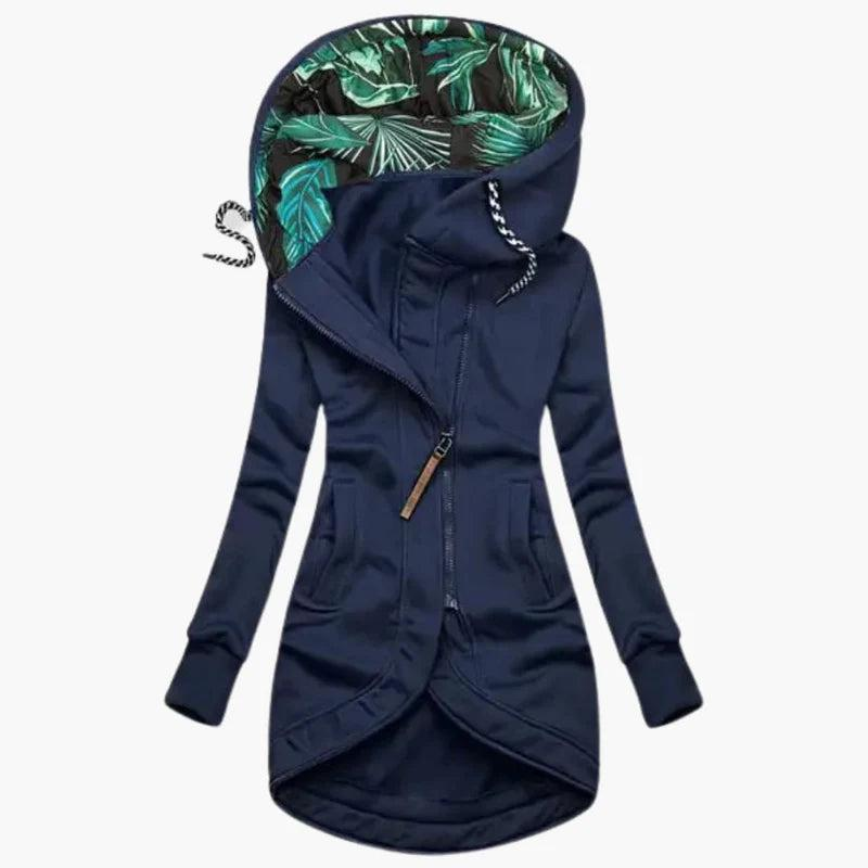 Women's long hooded jacket with asymmetric zip in navy blue