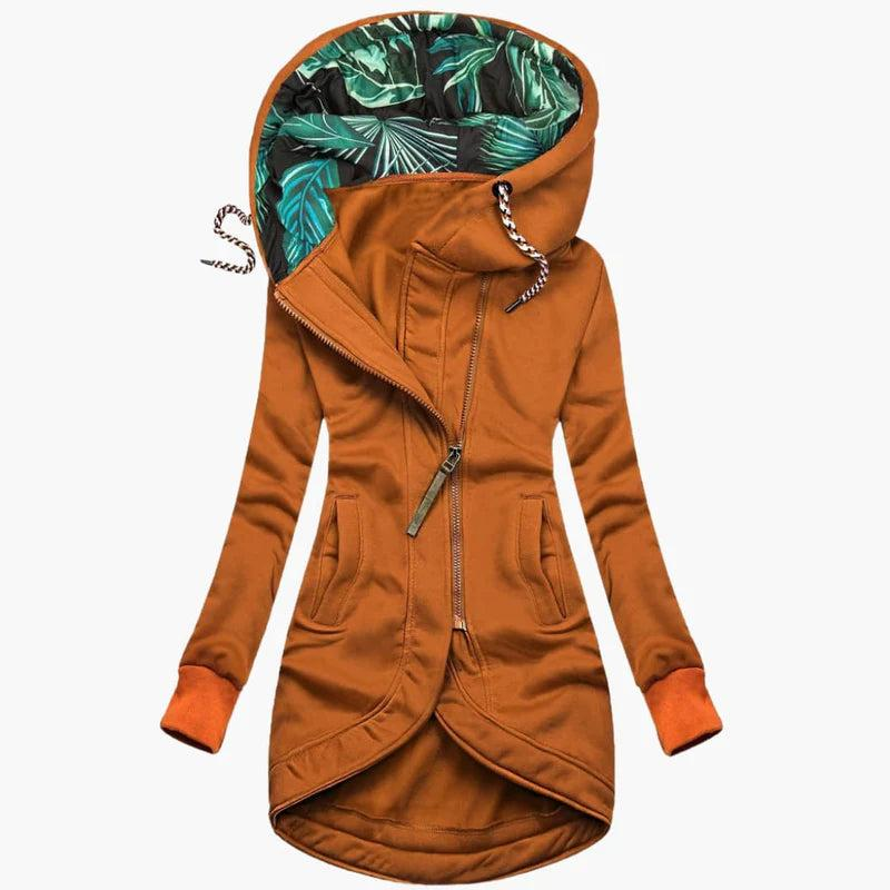 Women's long hooded jacket with asymmetric zip in orange