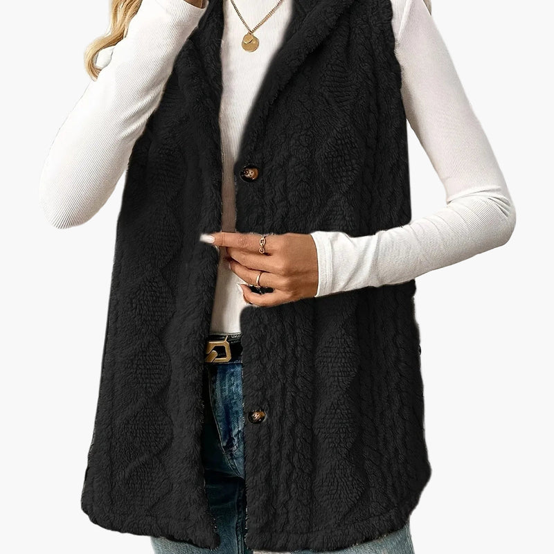 Women's long hooded knit vest in black