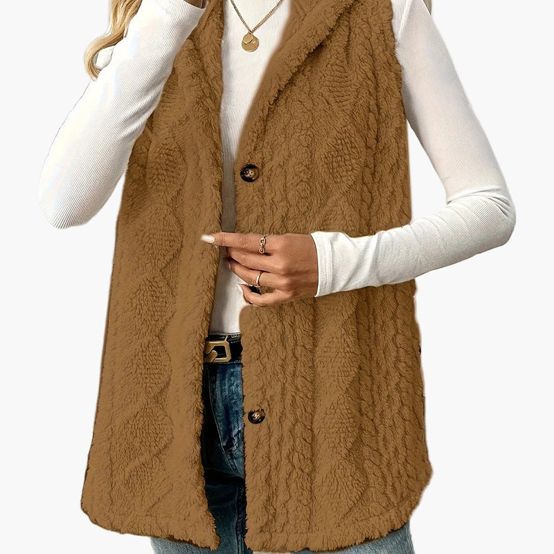 Women's long hooded knit vest in brown