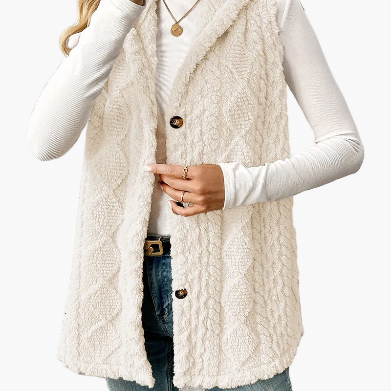 Women's long hooded knit vest in white – front view