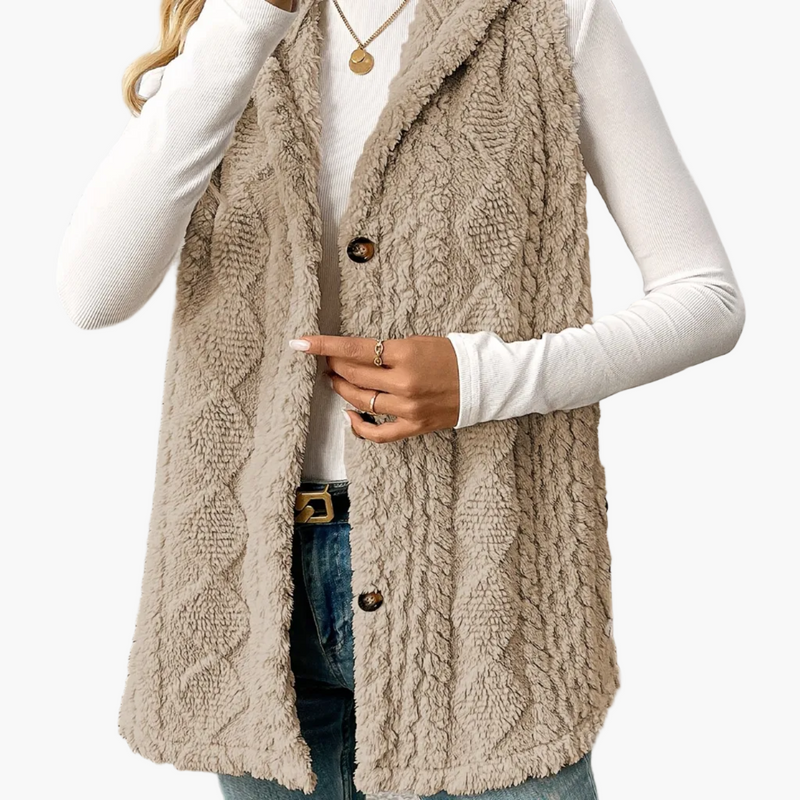 Women's long hooded knit vest in khaki – front view