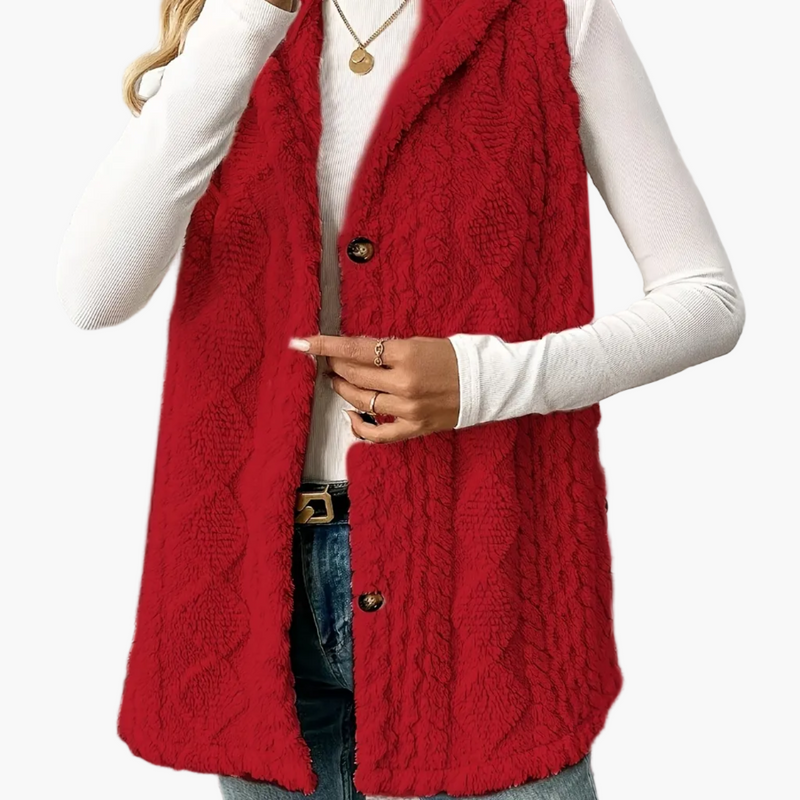 Women's long hooded knit vest in red – front view