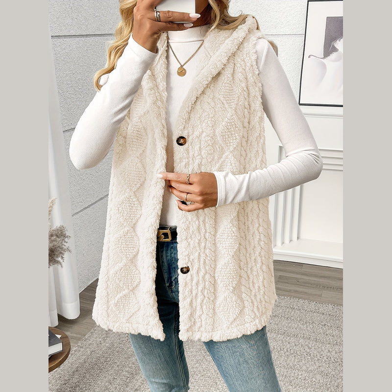 Women's long hooded knit vest in white