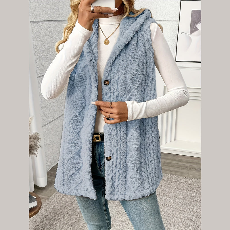 Women's long hooded knit vest in light blue