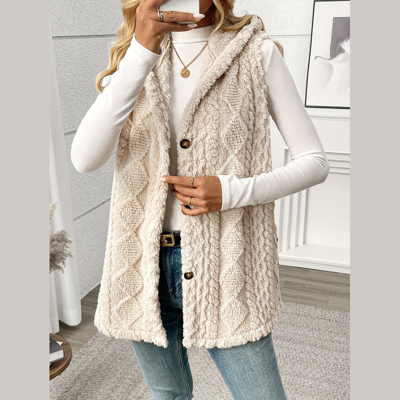Women's long hooded knit vest in beige