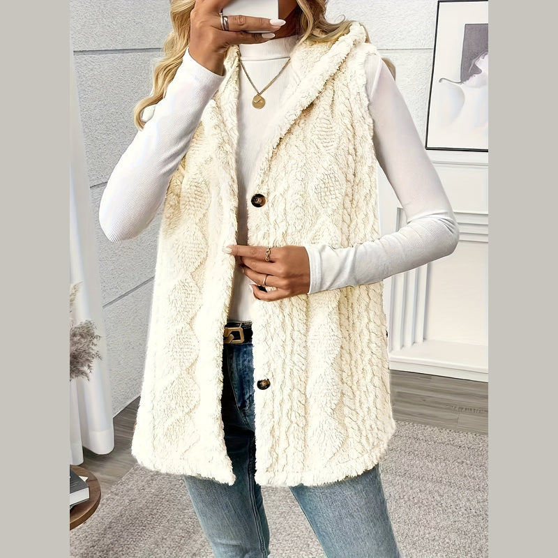 Woman wearing the cream long hooded knit vest