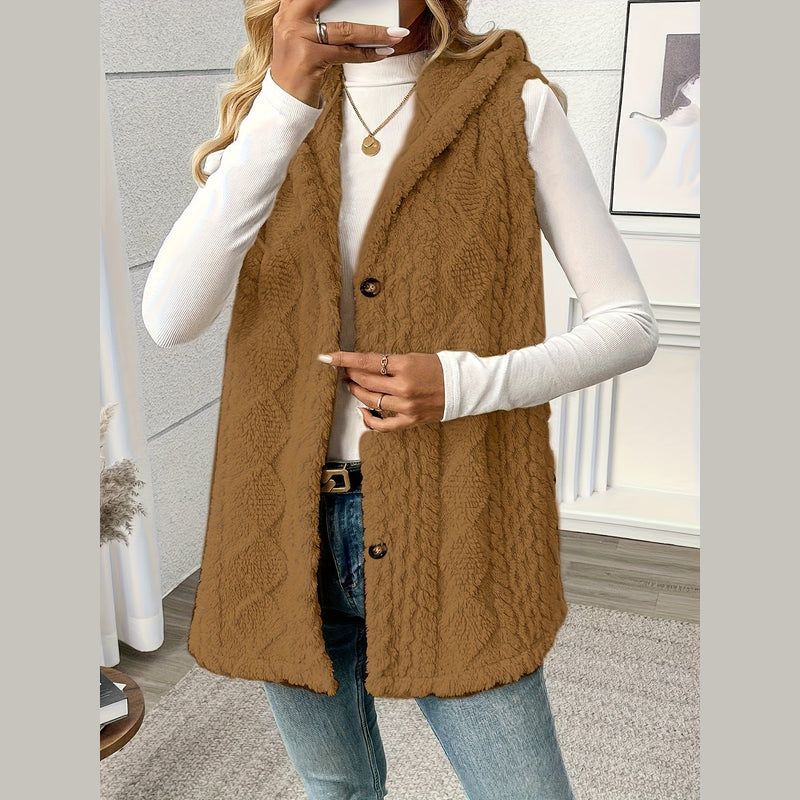 Woman wearing the brown long hooded knit vest