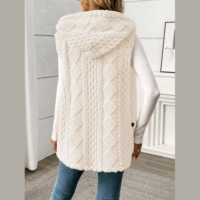 Women's white hooded knit vest – back view with hood