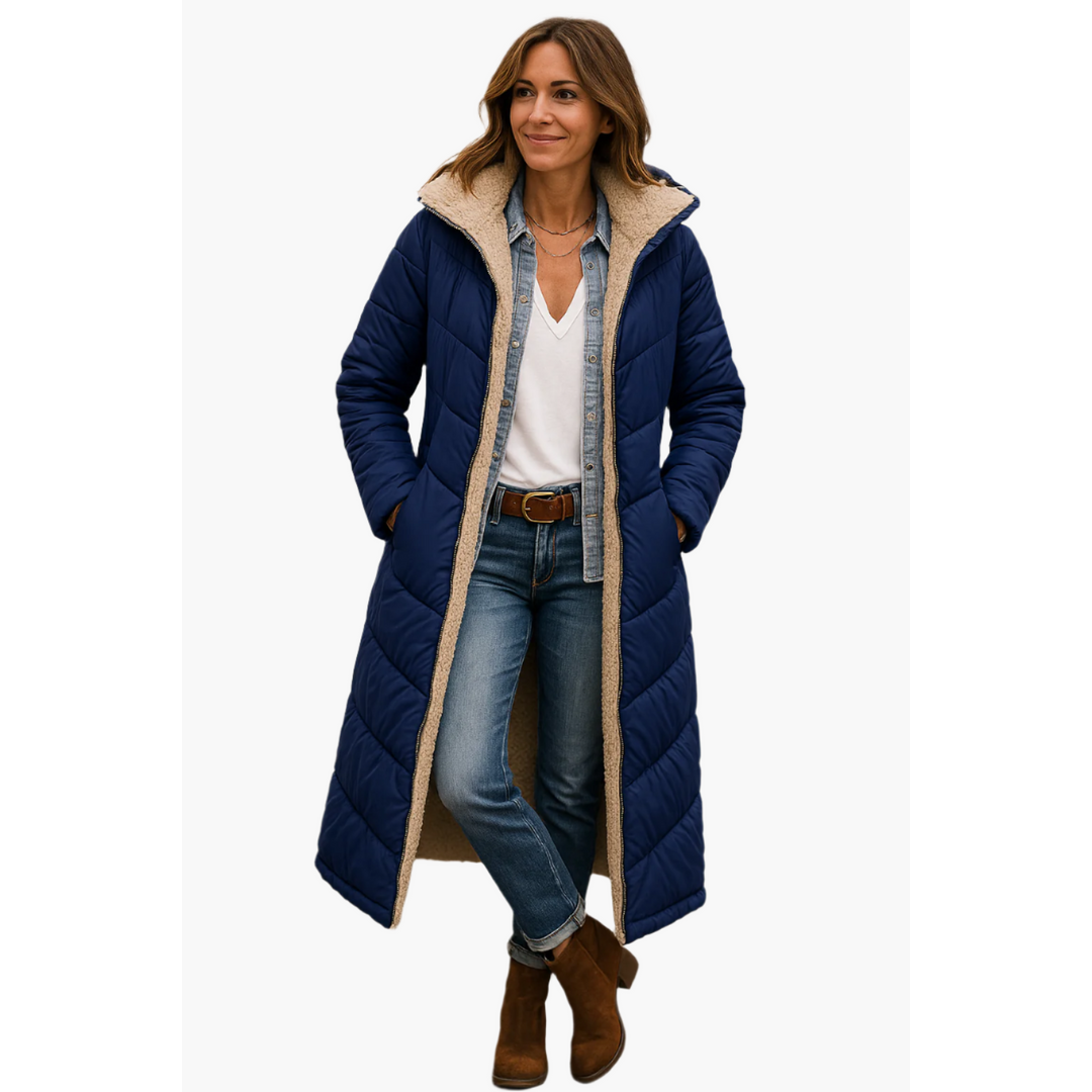 Women's navy blue long puffer coat with teddy-lined hood