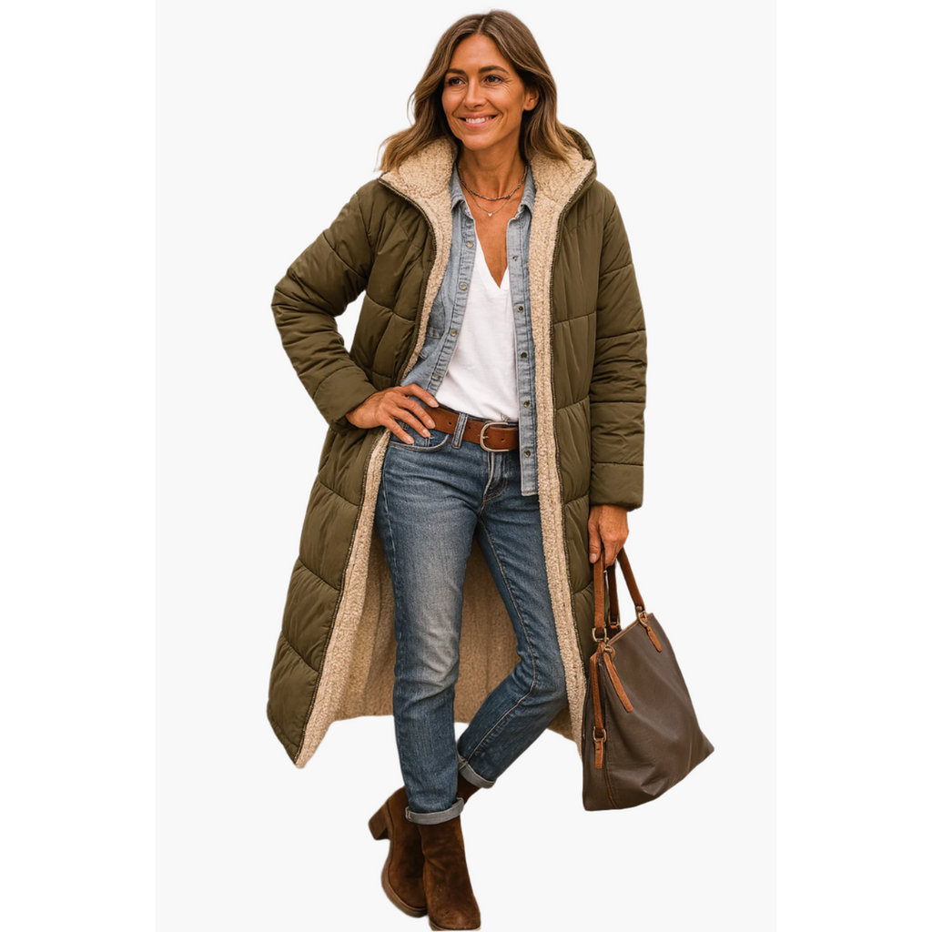 Women's army green long hooded puffer coat