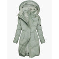 Women's long hooded winter coat with faux fur trim in green