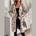 Women's long open-front cardigan with heart pattern in beige