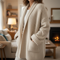 Women's long open-front knit cardigan in beige