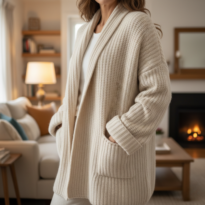Women's long open-front knit cardigan in beige