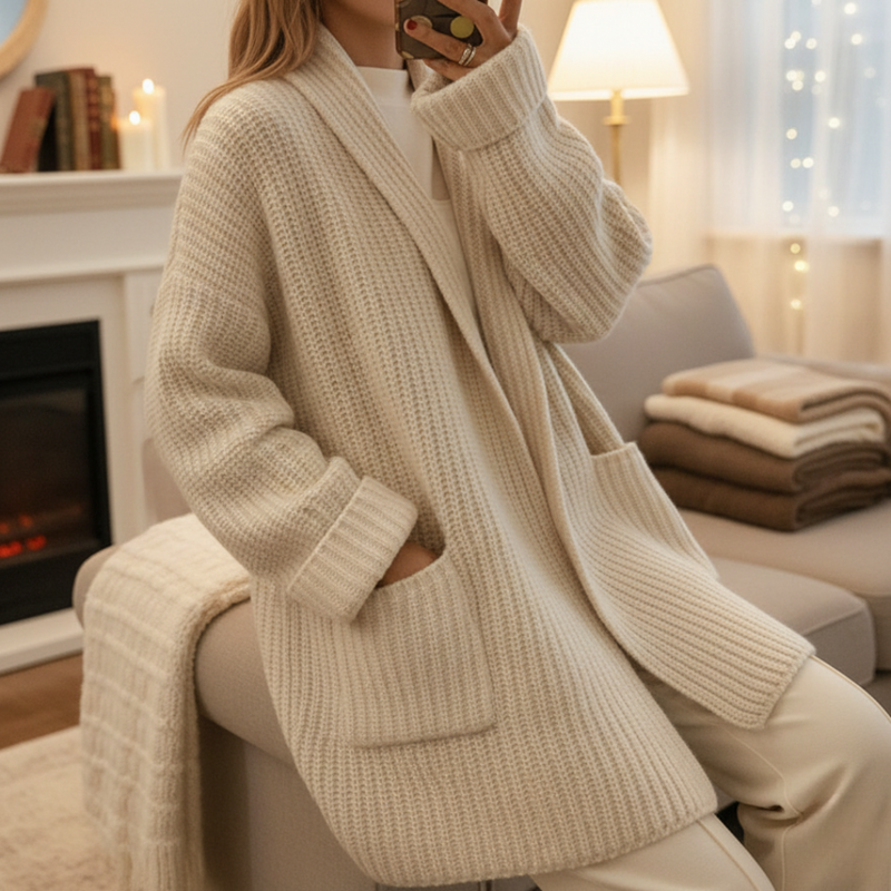 Woman wearing the beige long cardigan at home