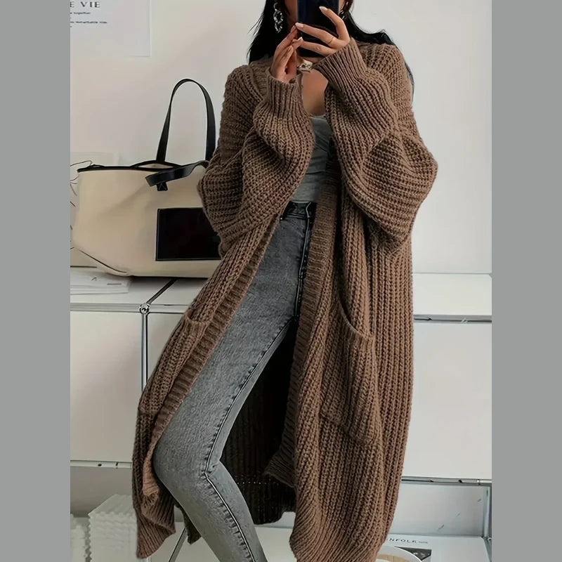 Women's long oversized chunky knit cardigan in brown