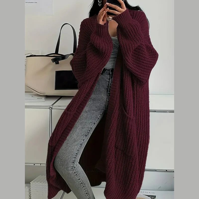 Women's long oversized chunky knit cardigan in burgundy