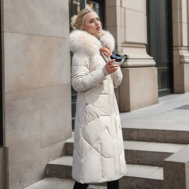 Women's long quilted puffer coat with high collar in white