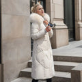 Women's long quilted puffer coat with high collar in white