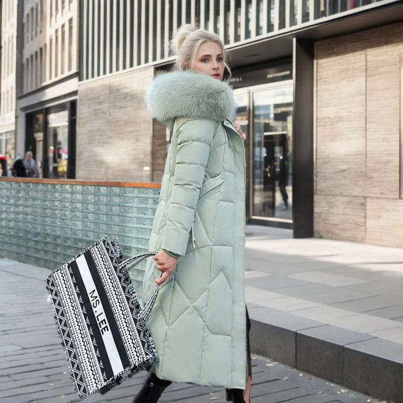 Women's long quilted puffer coat with high collar – view 9