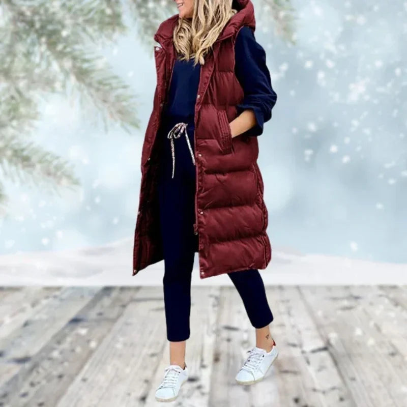 Women's long quilted gilet in dark red