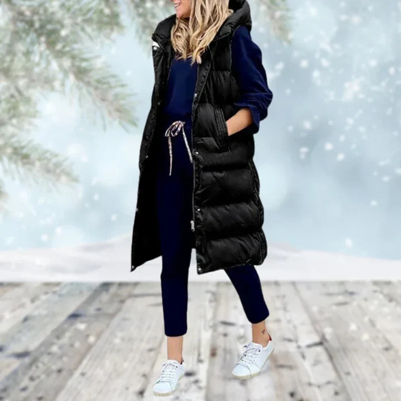 Women's long quilted gilet in black