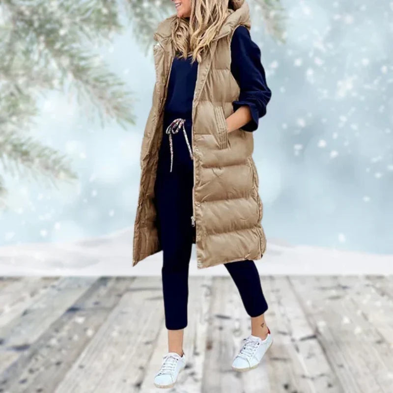 Women's long quilted gilet in khaki