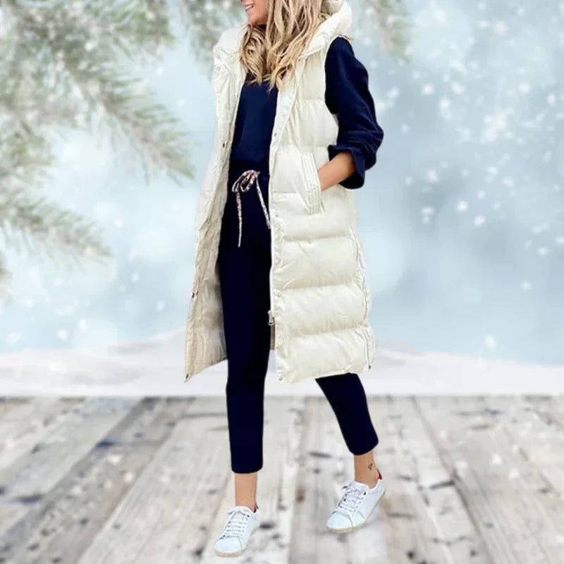 Women's long quilted gilet in cream
