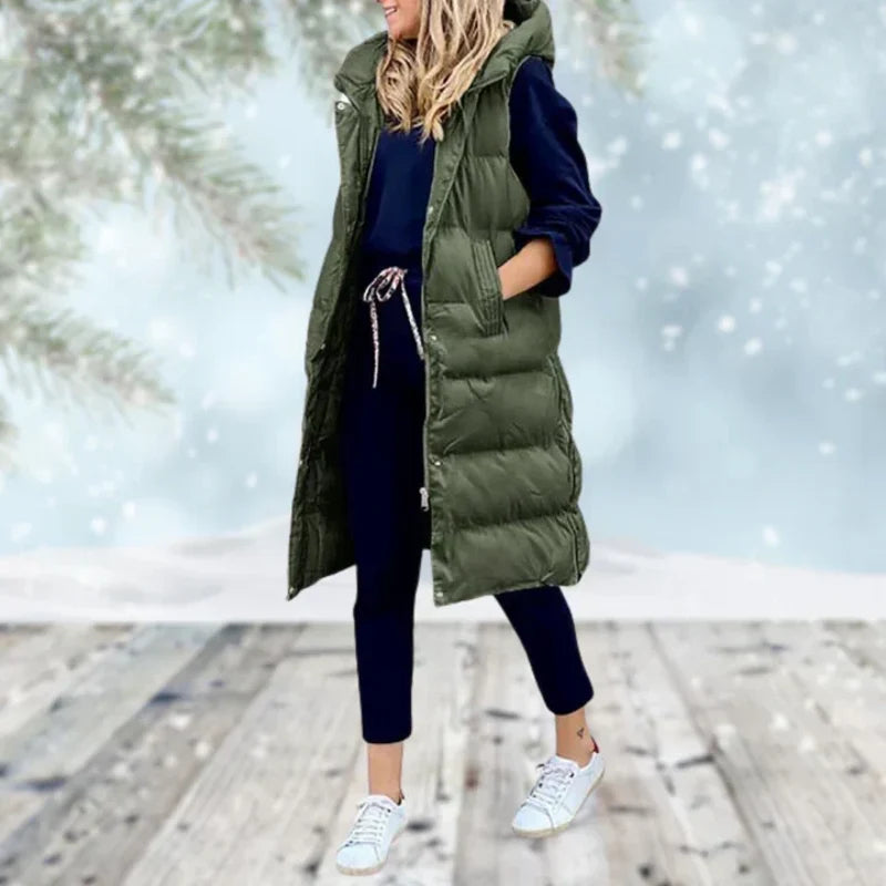 Women's long quilted gilet in green