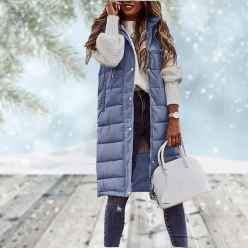 Women's long quilted gilet in blue
