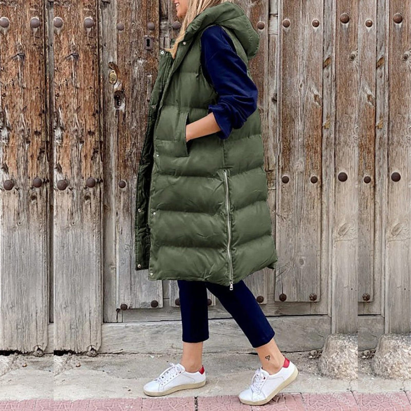 Women's long quilted vest with hood in army green