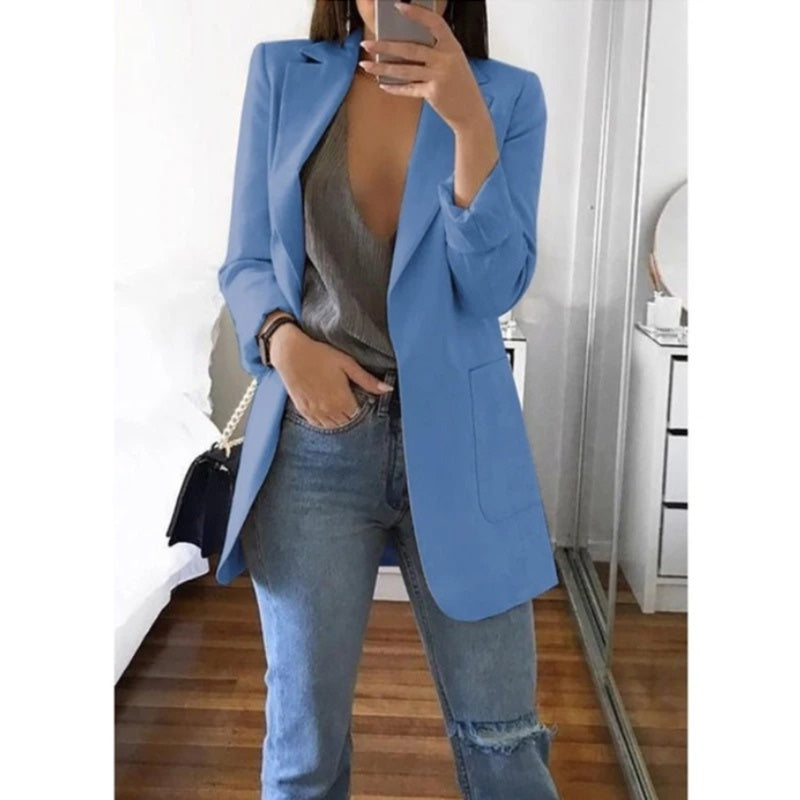 Women's longline blazer with notched lapels in blue