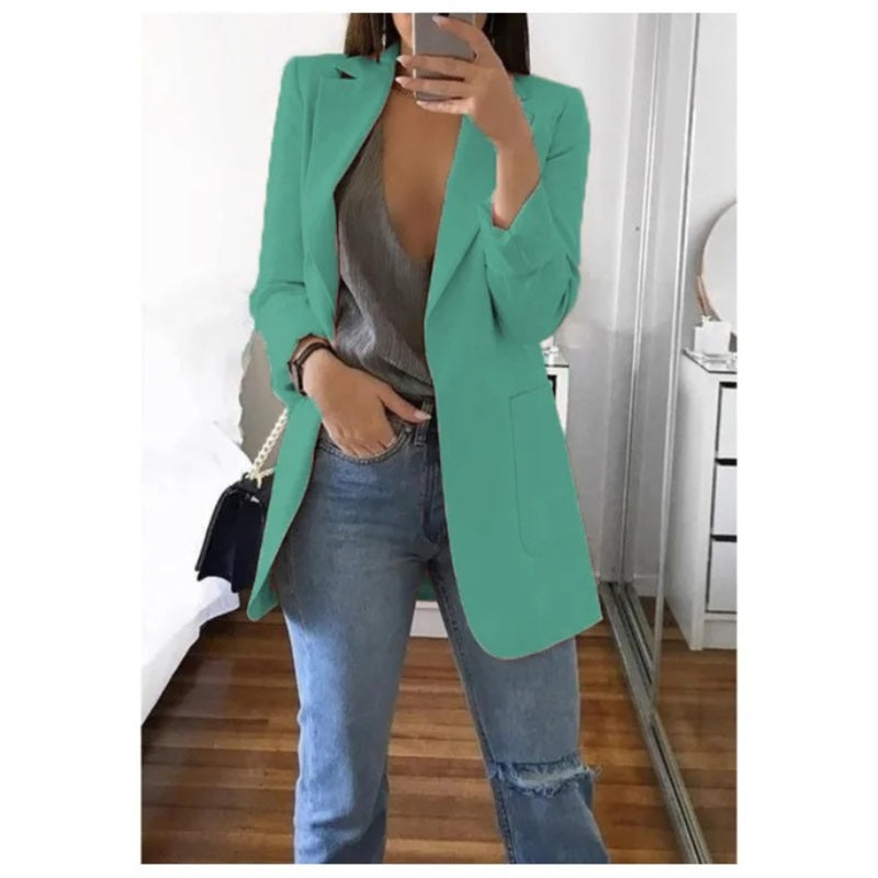 Women's longline blazer with notched lapels in light blue