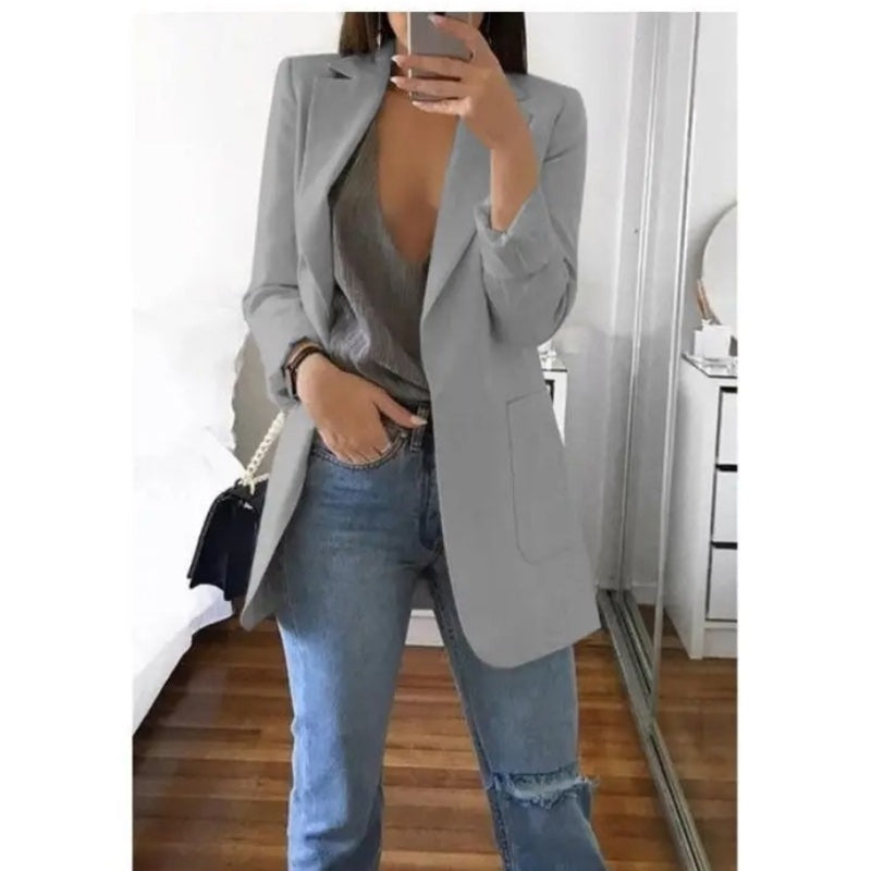 Women's longline blazer with notched lapels in light grey
