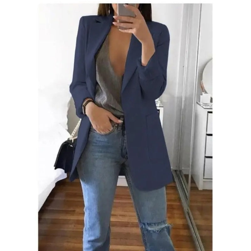 Women's longline blazer with notched lapels in dark blue