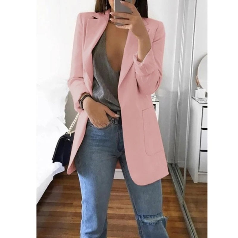 Women's longline blazer with notched lapels in light pink