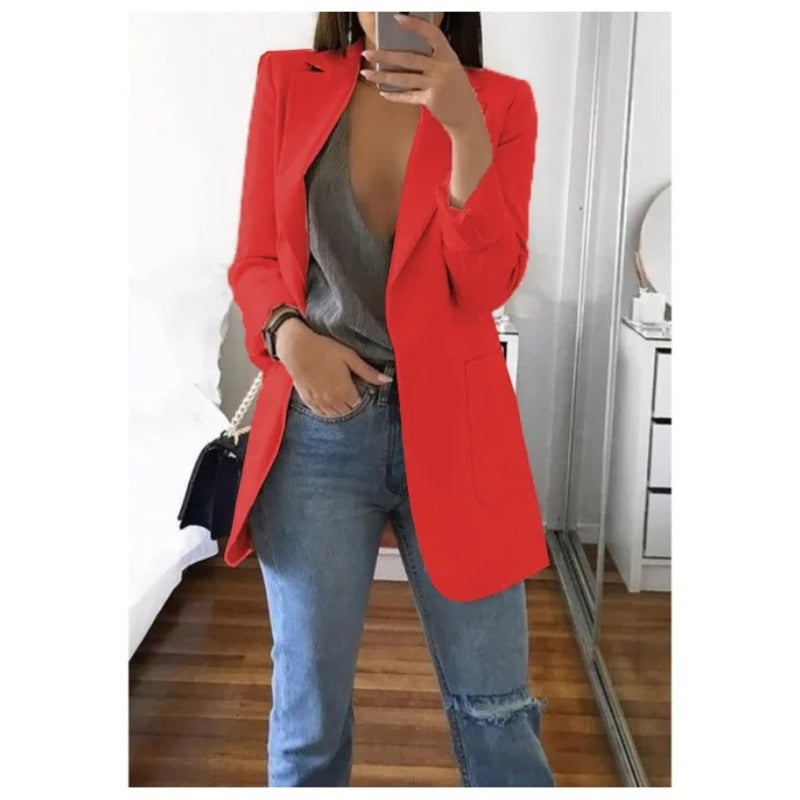 Women's longline blazer with notched lapels in red