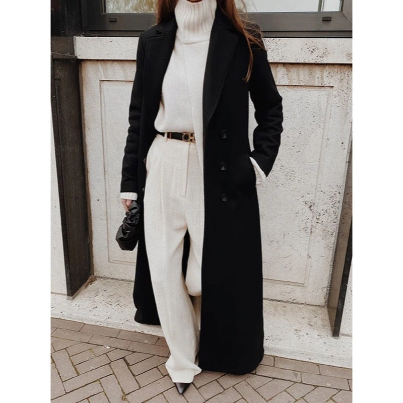 Women's longline double-breasted coat in black