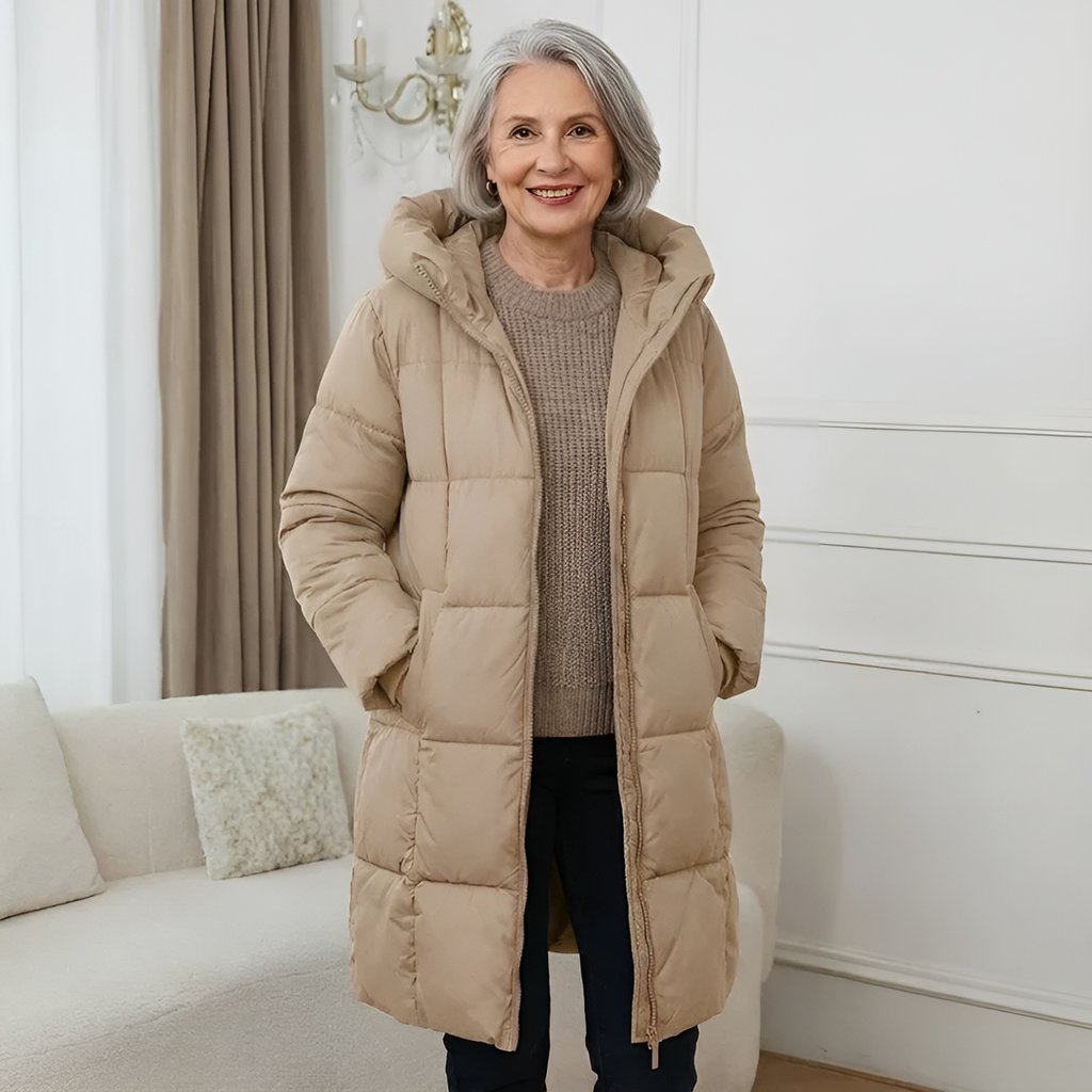 Women's camel longline puffer coat