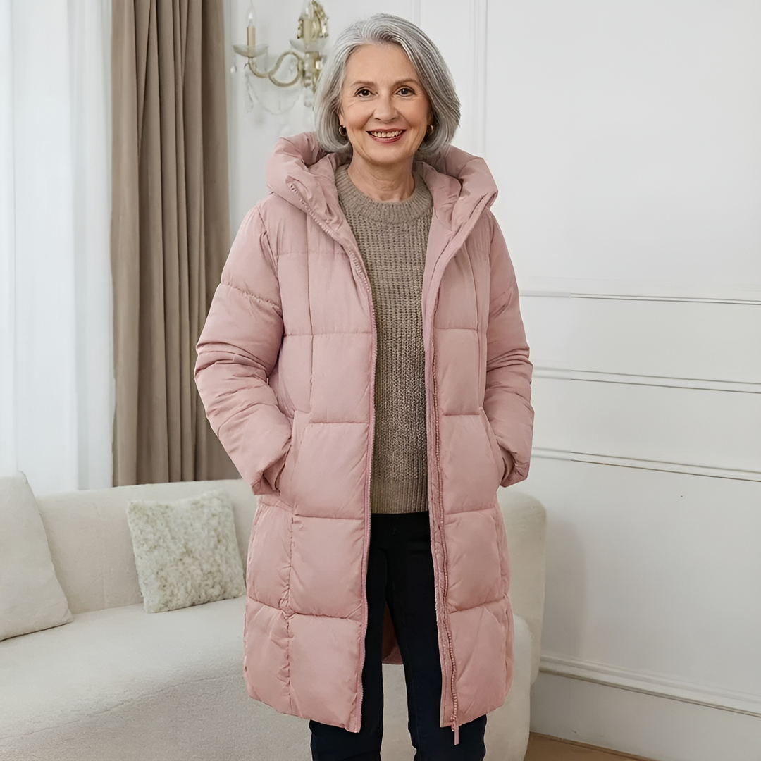 Women's pale pink longline quilted puffer coat