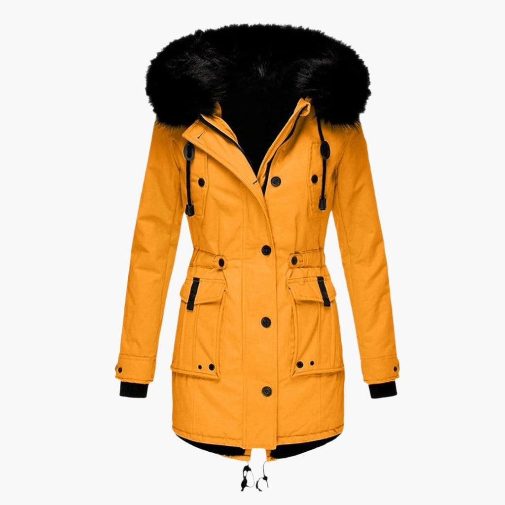 Women's mustard longline parka with black fluffy hood