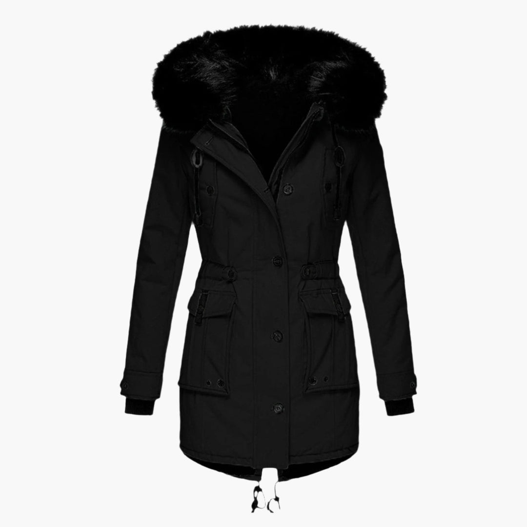 Women's black longline parka with fluffy hood trim