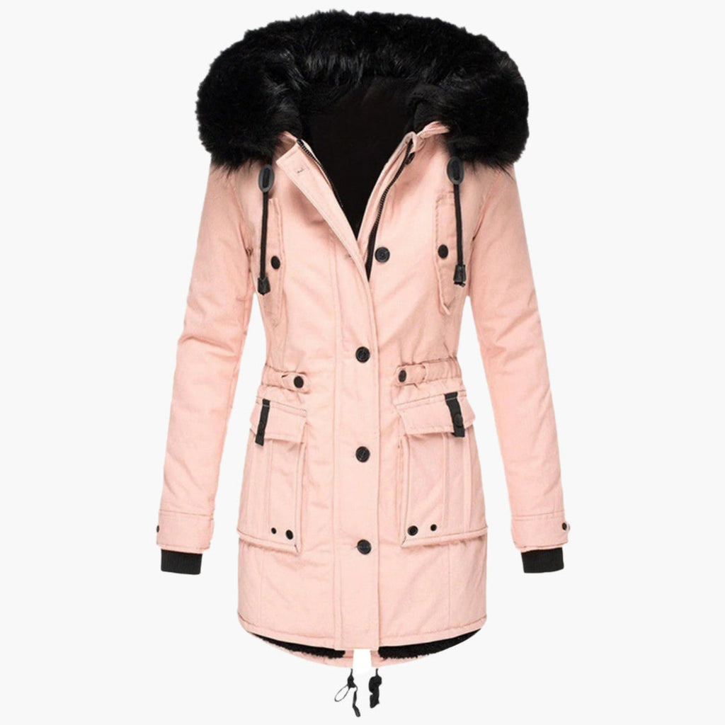 Women's pink longline parka with fluffy hood