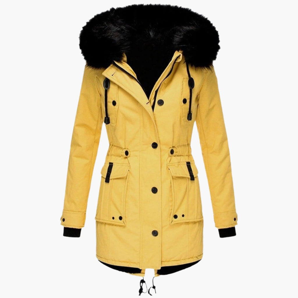 Women's yellow longline parka with black hood trim