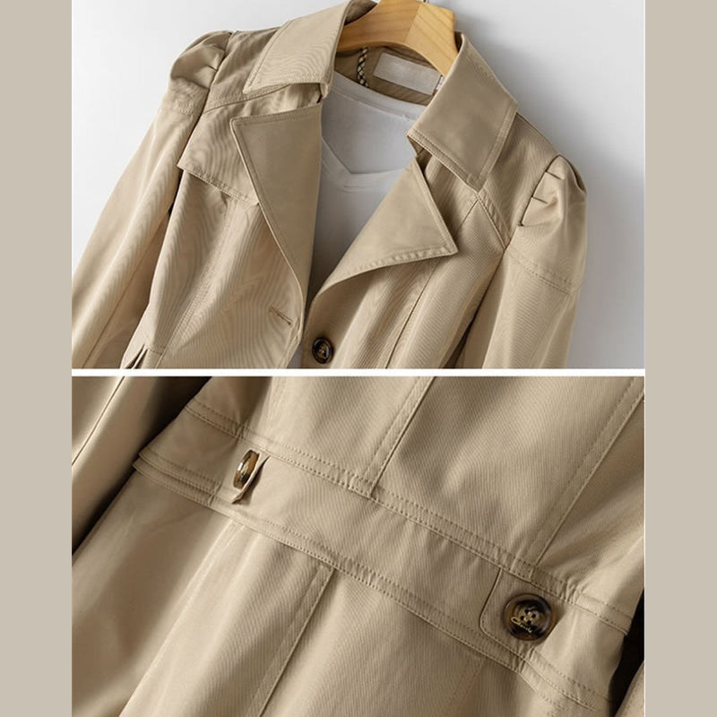 Close-up of the collar and button on the beige trench coat
