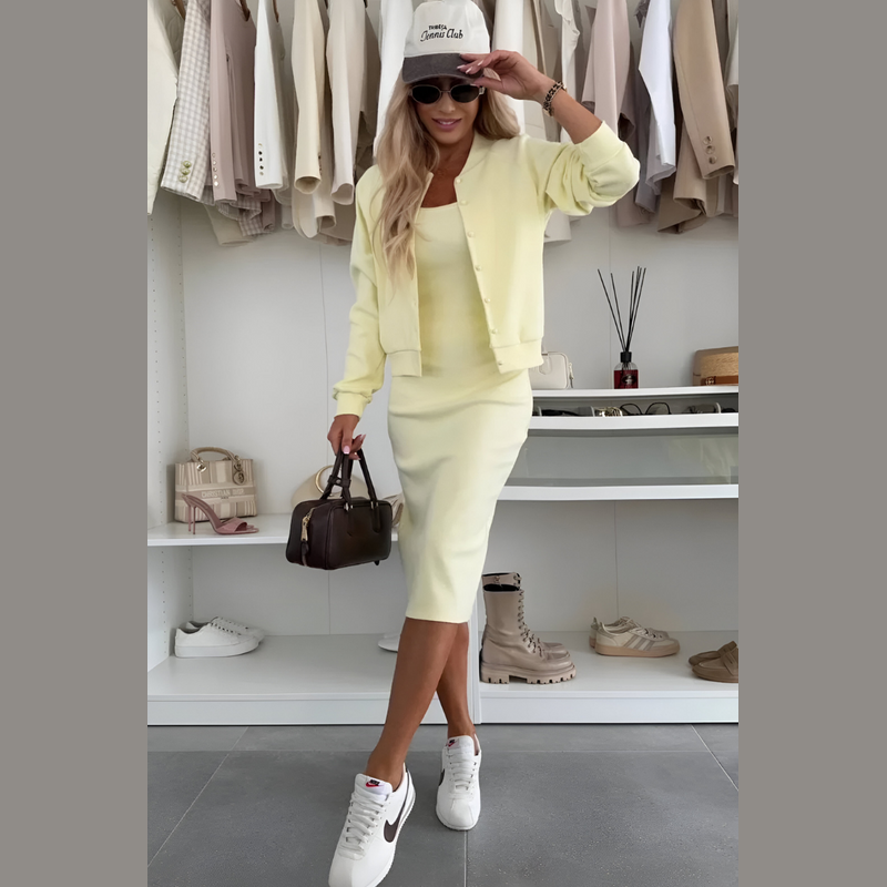 Women's midi dress and cardigan set in yellow